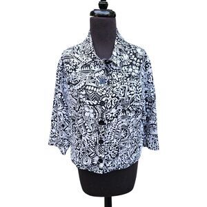 Vtg N Touch Geometric Collared Jacket Linen Blend 3/4 Sleeve size 16 PETITE